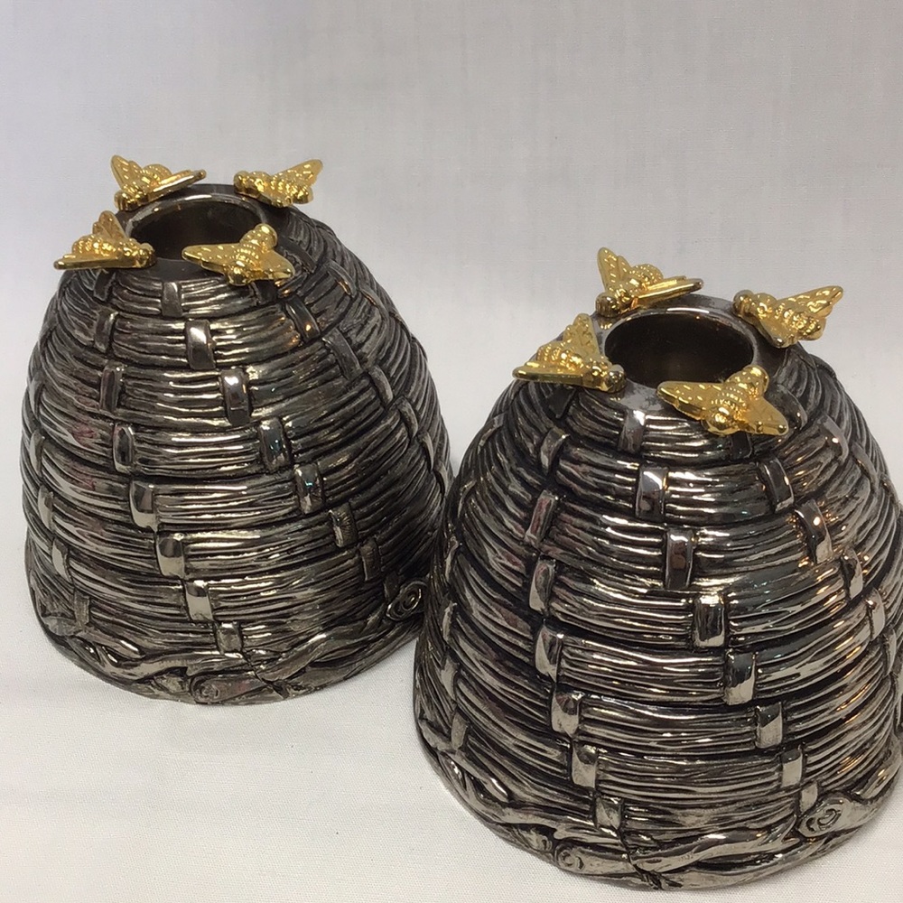 Godinger Silver collectible vintage beehive candle holder pair with golden bees